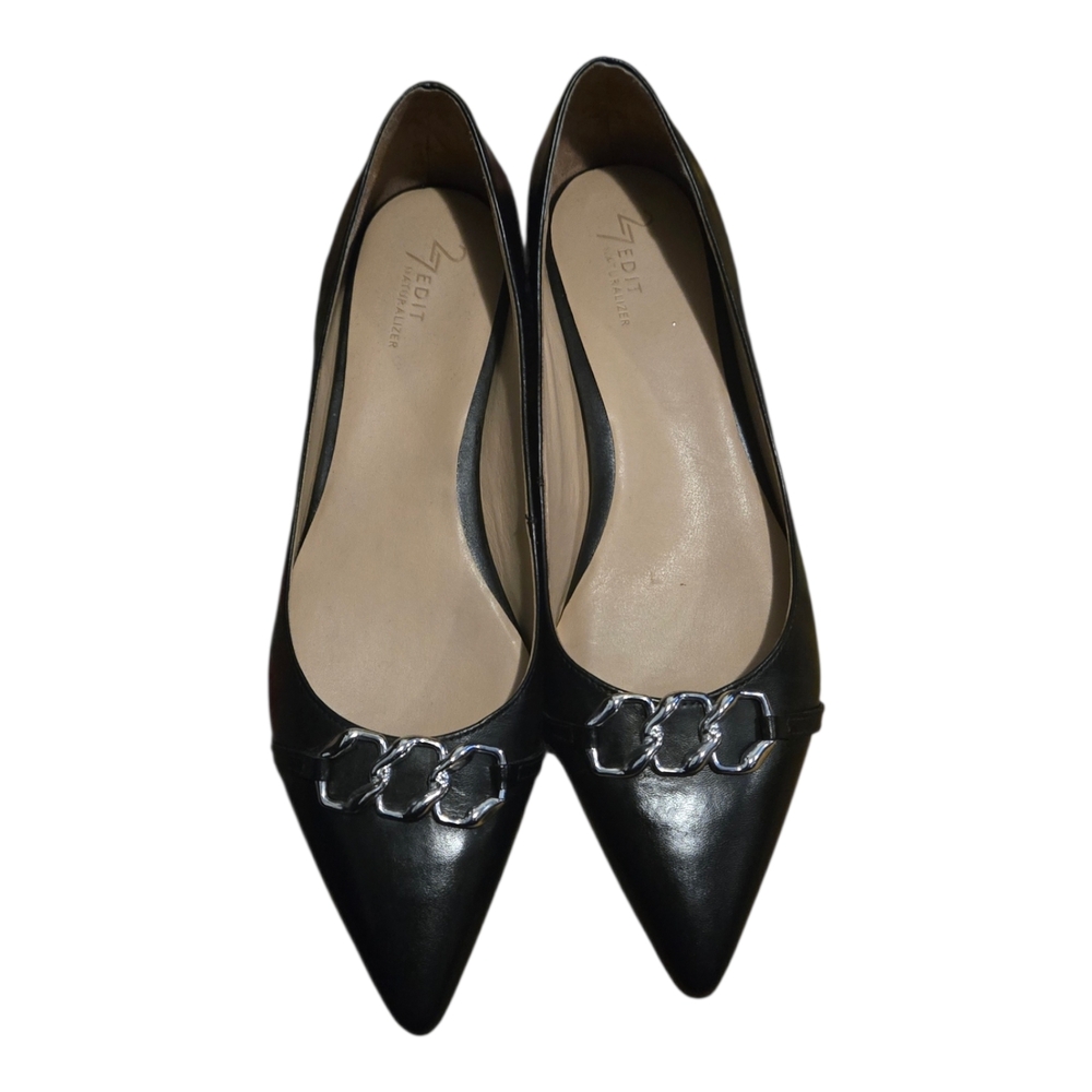 Women's Black Pointed Toe Chain Accent Flats